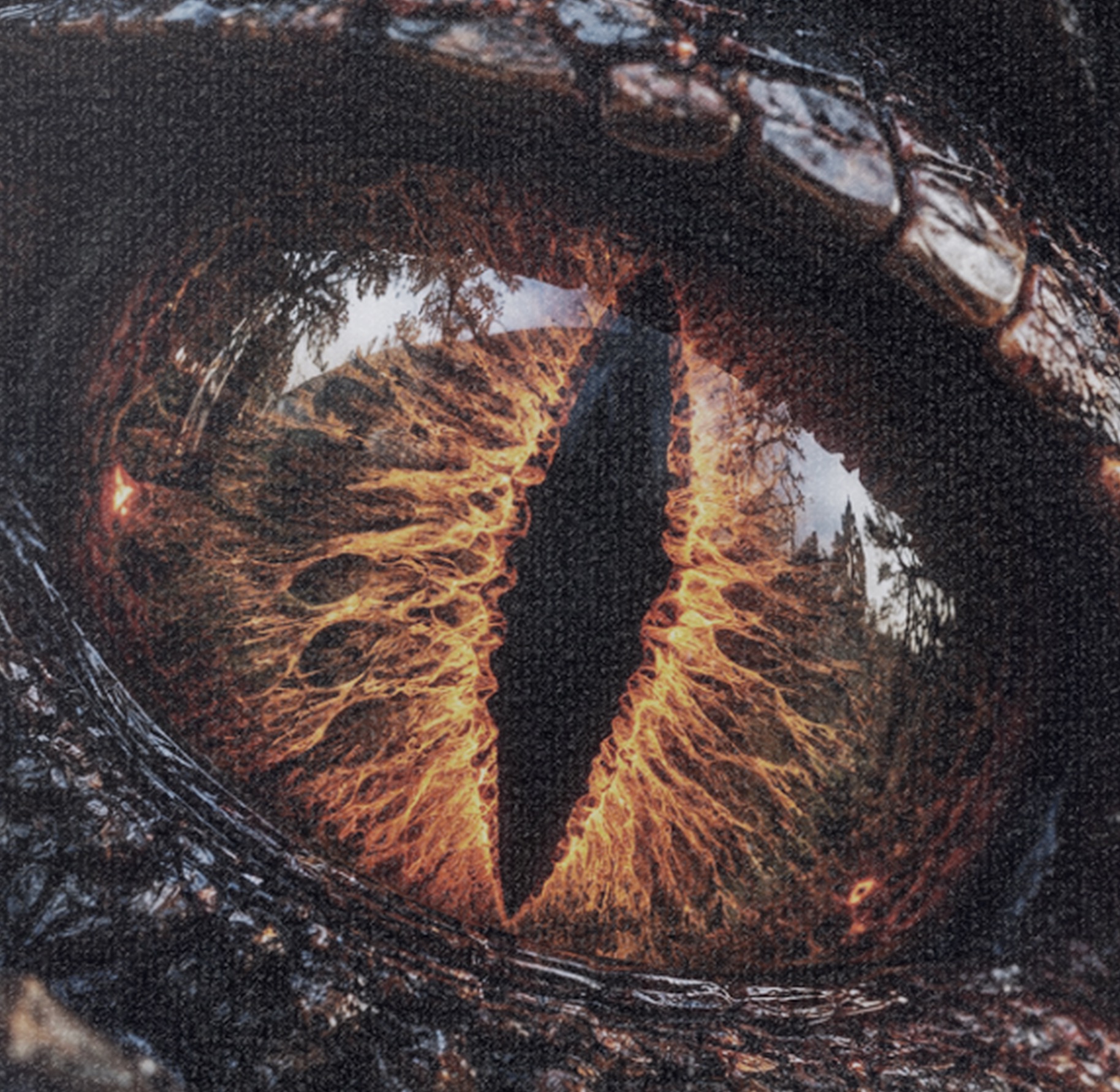 A close-up of a scaled reptilian eye with a glowing orange iris and slit pupil