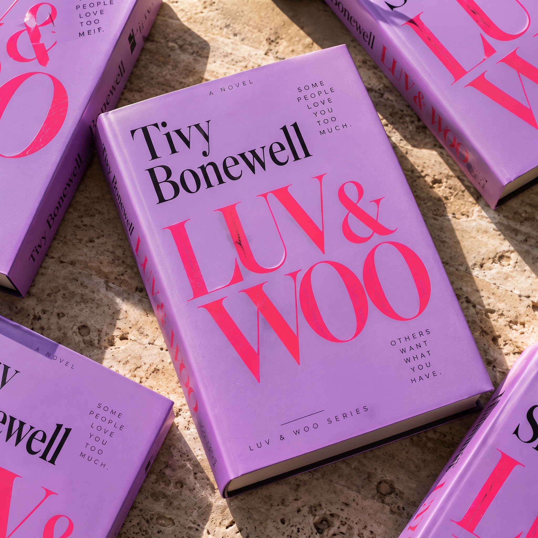 Signed hardback novels resting on a stone surface